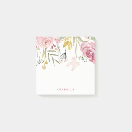 水彩画は|のピンクおよび金ゴールドの花柄咲きます ポストイット (正面)