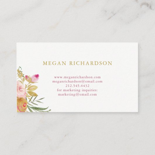 水彩画は|のピンクおよび金ゴールドの花柄咲きます 名刺 (裏面)