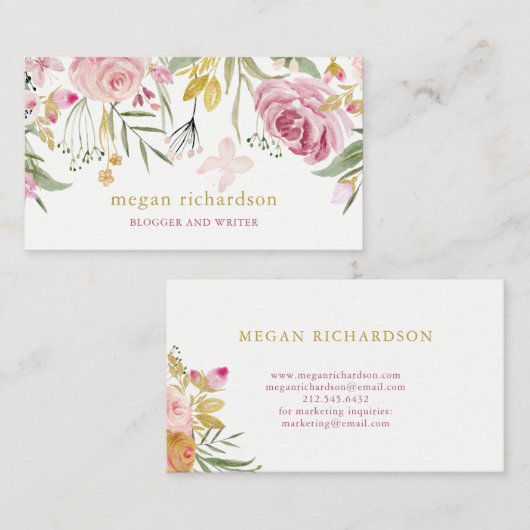 水彩画は|のピンクおよび金ゴールドの花柄咲きます 名刺 (正面/裏面)