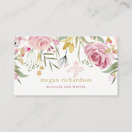 水彩画は|のピンクおよび金ゴールドの花柄咲きます 名刺 (正面)