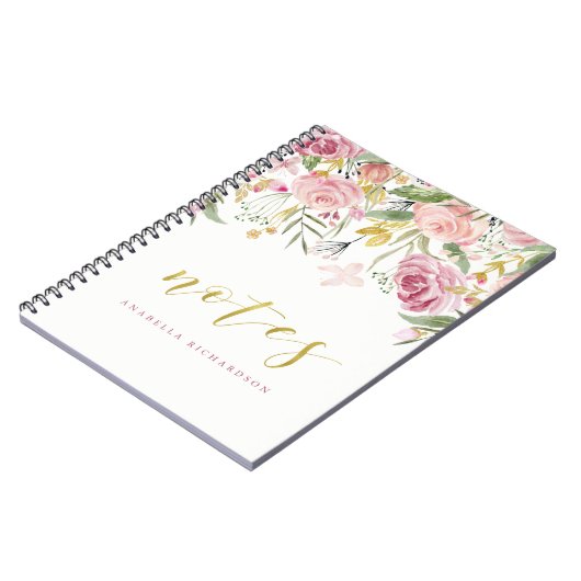 水彩画は|のピンクおよび金ゴールドの花柄|のノート咲きます ノートブック (左側)