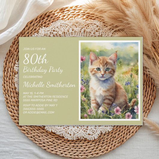 水彩画イエローオレンジ猫80歳の誕生日 招待状