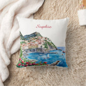 水彩画イタリアンアマルフィコースト名 クッション (ブランケット)