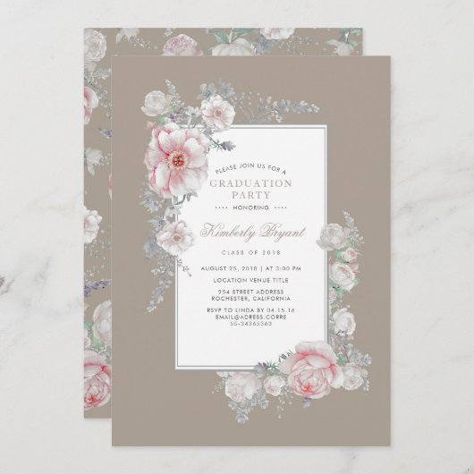 水彩画エレガントヴィンテージフローラ卒業パーティー 招待状 (正面/裏面)