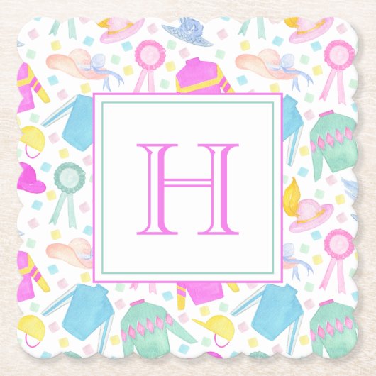 水彩画カラフル色ダービージェリーズ&ハッツモノグラム ペーパーコースター (正面)