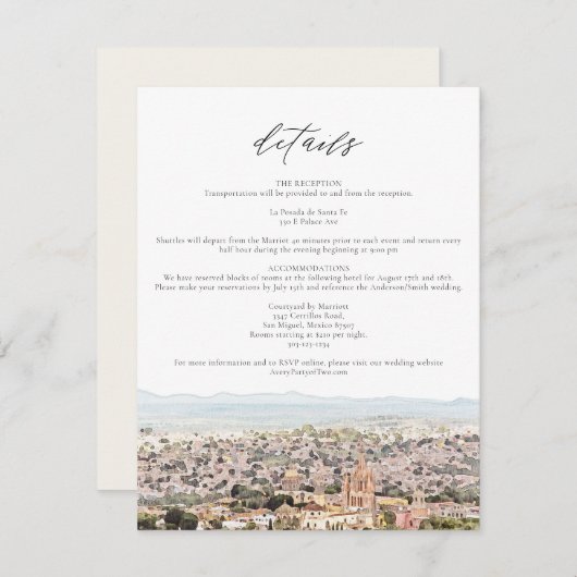 水彩画サン・ミゲル・デ・アジェンデの街並み メキシコ 詳細カード 招待状 (正面/裏面)