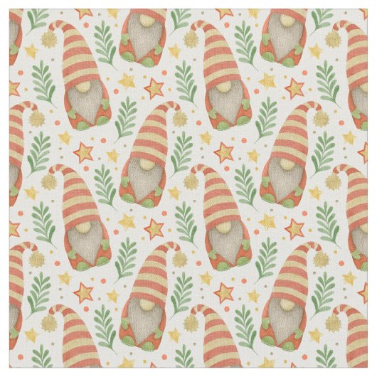 水彩画スカンジナビアの小人 かわいいクリスマス ファブリック (クローズアップ)