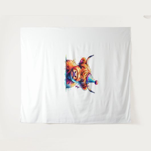 水彩画スコットランドハイランド牛誕生日エッセンティア タペストリー (正面(横))