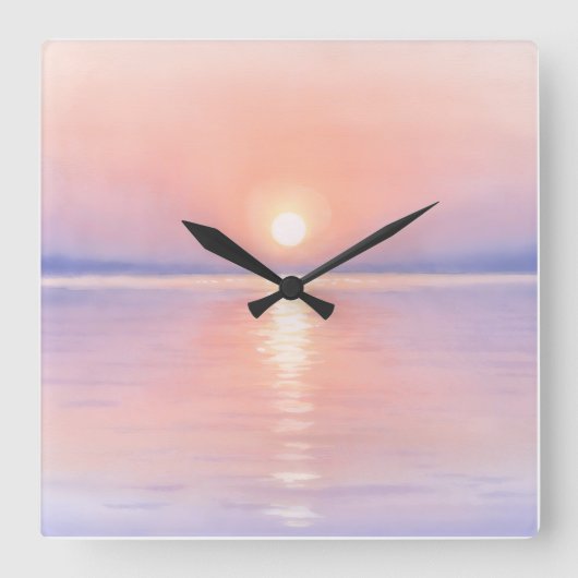 水彩画スタイルの太陽 - 海の風景アート スクエア壁時計 (正面)