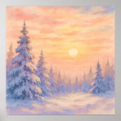 水彩画スタイルの雪原の森の夕焼け ポスター (正面)
