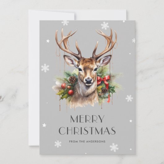 水彩画スタグスノーフレークメリークリスマスカード シーズンカード (正面)