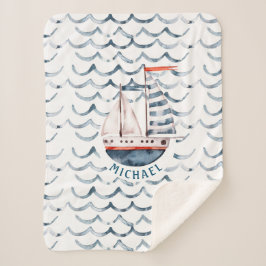 水彩画セーラーレッドとブルーモノグラム シェルパブランケット