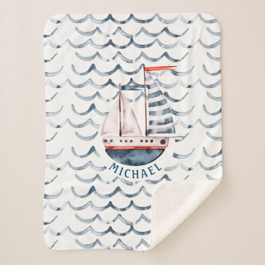 水彩画セーラーレッドとブルーモノグラム シェルパブランケット (正面)