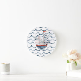 水彩画セーラーレッド&ブルーモノグラム ラウンド壁時計