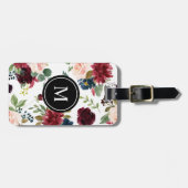 水彩画バーガンディおよび海軍花のモノグラム ラゲッジタグ (正面横)