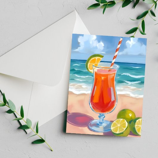水彩画ビーチカクテルオーシャンウェーブカード