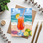 水彩画ビーチカクテルオーシャンウェーブカード