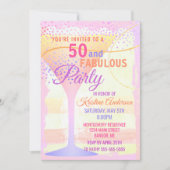 水彩画ピンクのストライプのな50およびすばらしい誕生日 招待状 (正面)