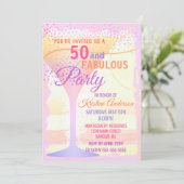 水彩画ピンクのストライプのな50およびすばらしい誕生日 招待状 (スタンド正面)