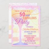 水彩画ピンクのストライプのな50およびすばらしい誕生日 招待状 (正面/裏面)