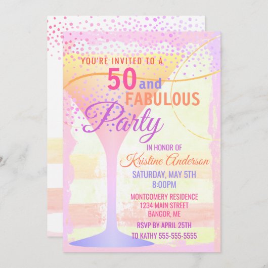水彩画ピンクのストライプのな50およびすばらしい誕生日 招待状 (正面/裏面)