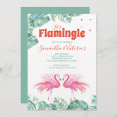 水彩画フラミンゴツインズバースデーパーティー 招待状 (正面/裏面)