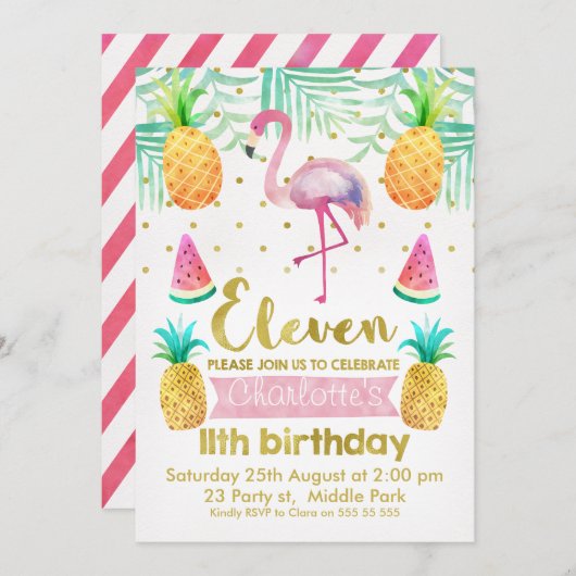 水彩画フラミンゴ11誕生日招待状 招待状 (正面/裏面)