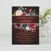 水彩画ブルガンディレッドネイビーフローラボー素朴ホ 招待状 (スタンド正面)