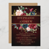 水彩画ブルガンディレッドネイビーフローラボー素朴ホ 招待状 (正面/裏面)