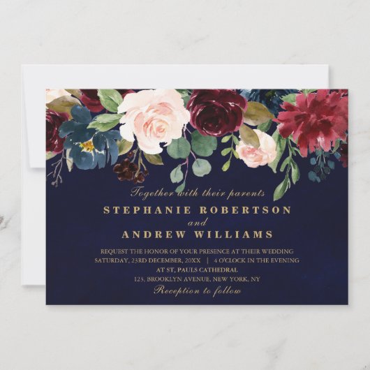 水彩画ブルガンディレッドネイビーフローラボー素朴ホ 招待状 (正面)
