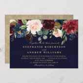 水彩画ブルガンディレッドネイビーフローラボー素朴ホ 招待状 (正面/裏面)