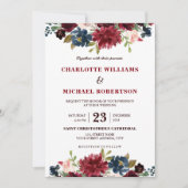 水彩画ブルガンディレッドネイビーフローラボー素朴ホ 招待状 (正面)