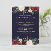 水彩画ブルガンディレッドネイビーフローラボー素朴ホ 招待状 (スタンド正面)