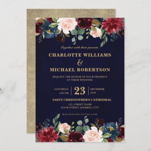 水彩画ブルガンディレッドネイビーフローラボー素朴ホ 招待状 (正面/裏面)