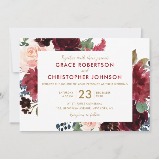 水彩画ブルガンディレッドネイビーフローラボー素朴ホ 招待状 (正面)