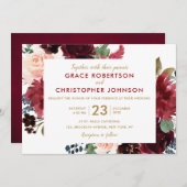 水彩画ブルガンディレッドネイビーフローラボー素朴ホ 招待状 (正面/裏面)