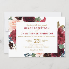 水彩画ブルガンディレッドネイビーフローラボー素朴ホ 招待状