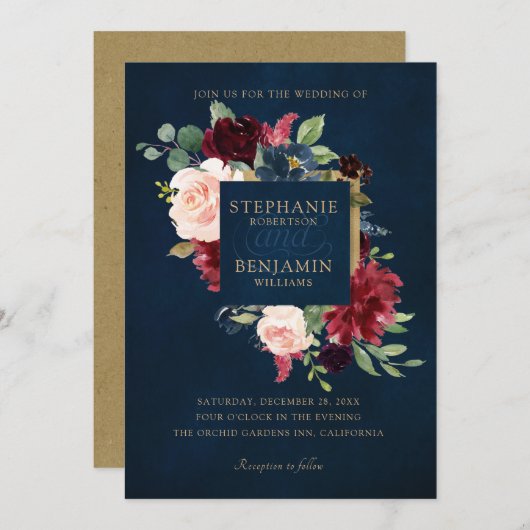 水彩画ブルガンディレッドネイビーフローラボー素朴ホ 招待状 (正面/裏面)