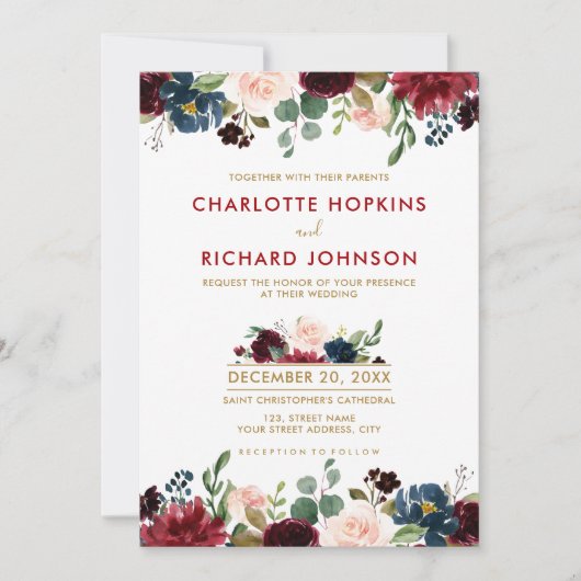 水彩画ブルガンディレッドネイビーフローラボー素朴ホ 招待状 (正面)