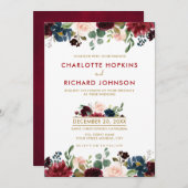 水彩画ブルガンディレッドネイビーフローラボー素朴ホ 招待状 (正面/裏面)