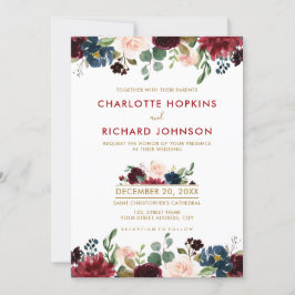 水彩画ブルガンディレッドネイビーフローラボー素朴ホ 招待状