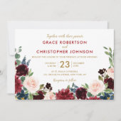 水彩画ブルガンディレッドネイビーフローラボー素朴ホ 招待状 (正面)