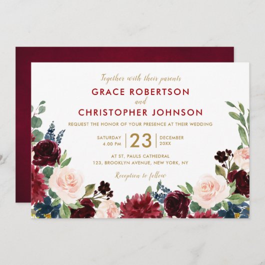 水彩画ブルガンディレッドネイビーフローラボー素朴ホ 招待状 (正面/裏面)