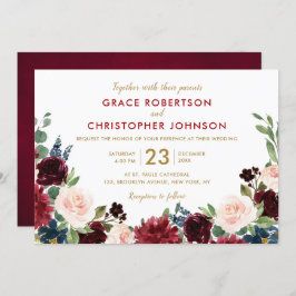 水彩画ブルガンディレッドネイビーフローラボー素朴ホ 招待状