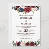 水彩画ブルガンディレッドネイビーフローラボー素朴ホ 招待状 (正面)