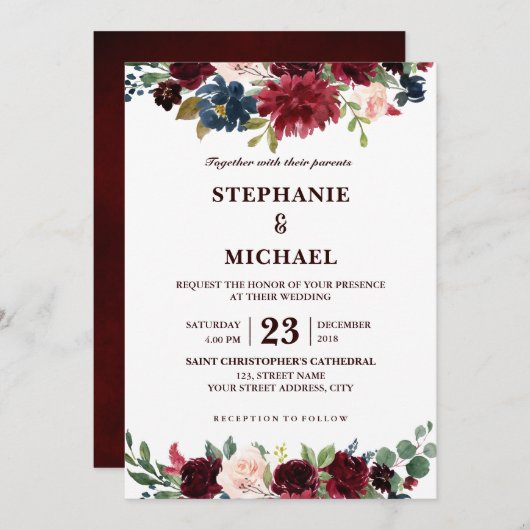 水彩画ブルガンディレッドネイビーフローラボー素朴ホ 招待状 (正面/裏面)