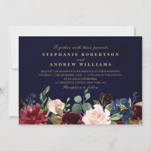 水彩画ブルガンディレッドネイビーフローラボー素朴ホ 招待状 (正面)