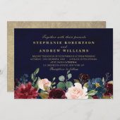 水彩画ブルガンディレッドネイビーフローラボー素朴ホ 招待状 (正面/裏面)