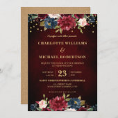 水彩画ブルガンディレッドネイビーフローラボー素朴ホ 招待状 (正面/裏面)