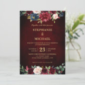 水彩画ブルガンディレッドネイビーフローラボー素朴ホ 招待状 (スタンド正面)